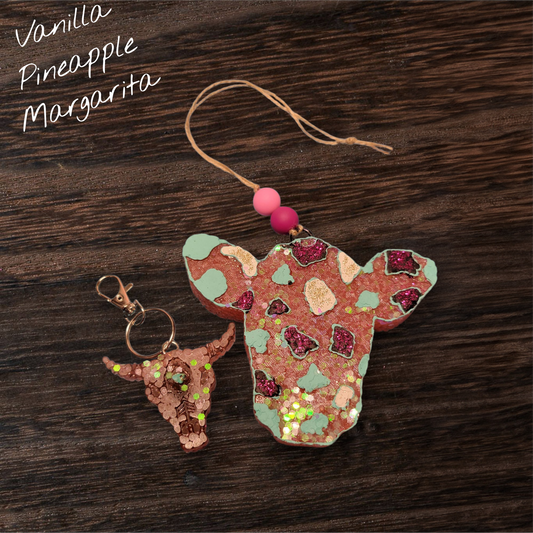 Spotted Cow head and longhorn keychain set